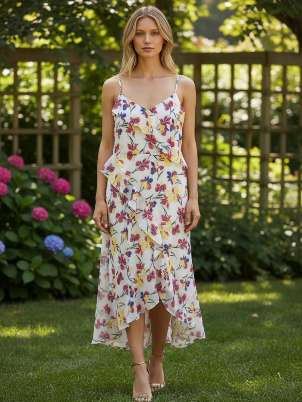 Banana Republic White Slip Dress with Yellow, Red & Blue Floral Print, 8